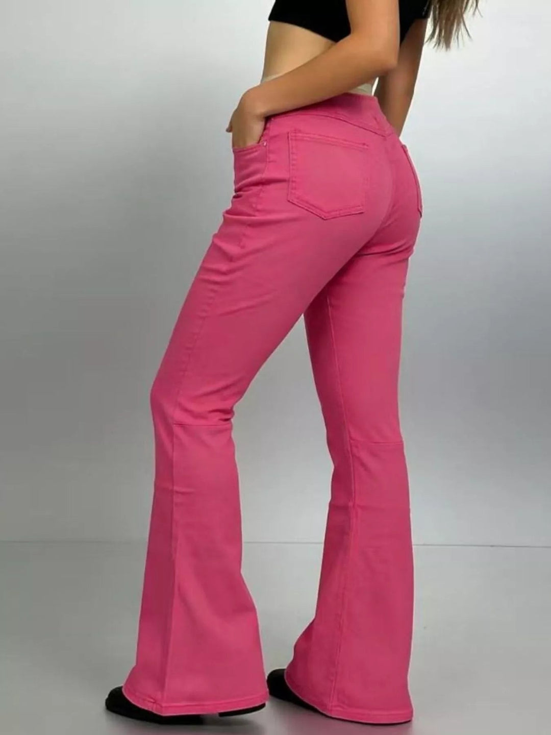 Flat Front High - Waisted Slightly Stretchy Flare Jeans - Trendy Bottoms/Jeans in Fuchsia Pink for Women | The802Gypsy