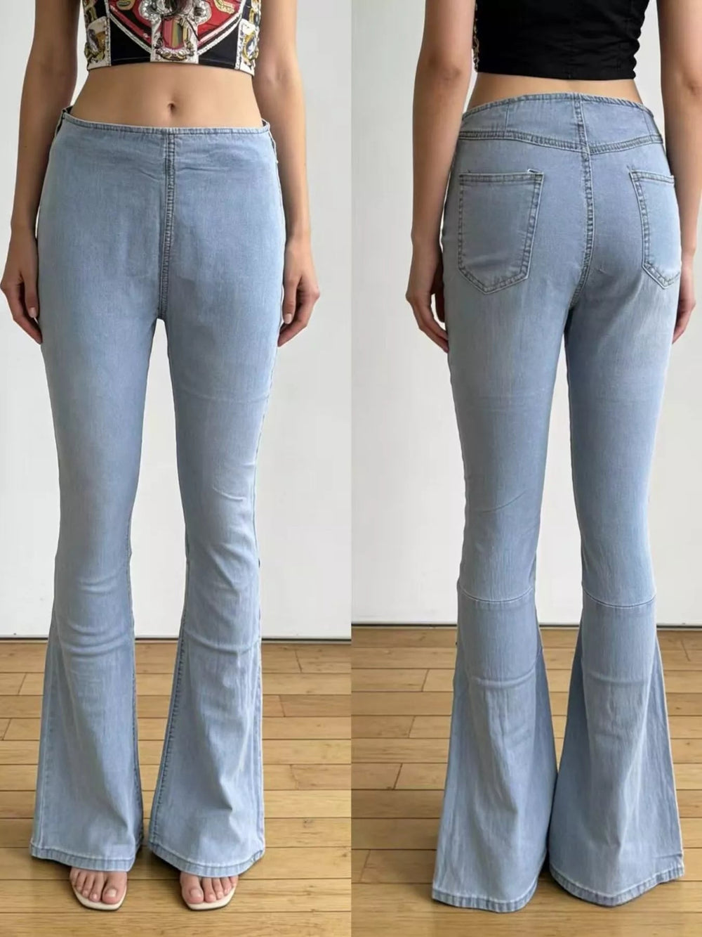 Flat Front High - Waisted Slightly Stretchy Flare Jeans - Trendy Bottoms/Jeans in Light Blue for Women | The802Gypsy