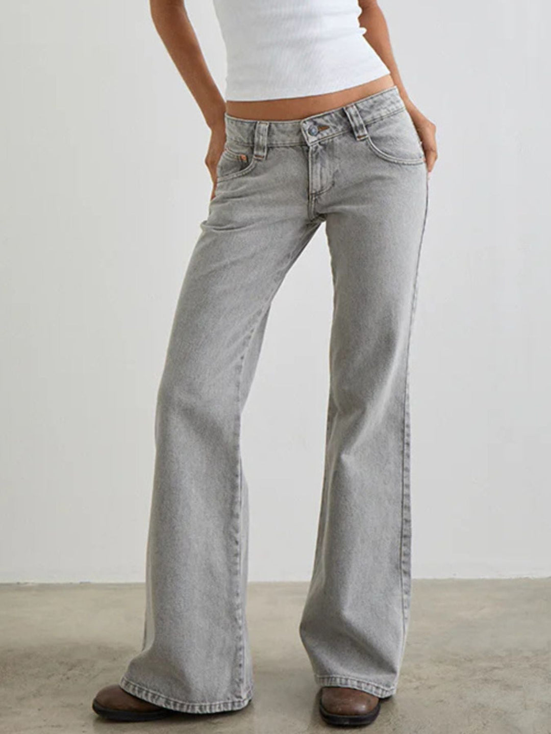Grey Low - Rise Buttoned Flare Leg Jeans - Trendy Bottoms/Jeans in Light Gray for Women | The802Gypsy