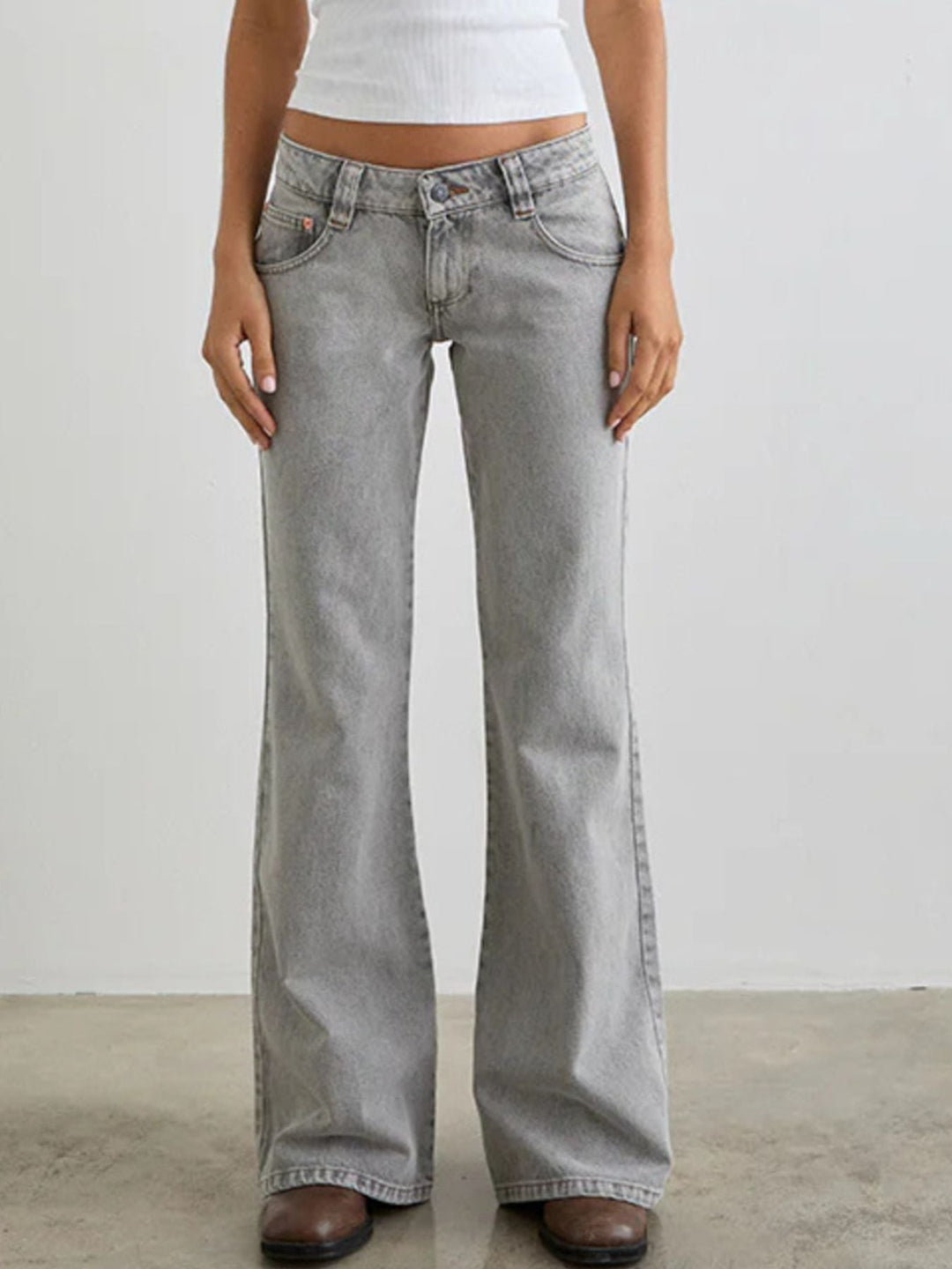 Grey Low - Rise Buttoned Flare Leg Jeans - Trendy Bottoms/Jeans in Light Gray for Women | The802Gypsy