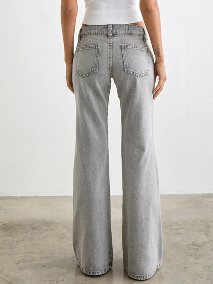 Grey Low - Rise Buttoned Flare Leg Jeans - Trendy Bottoms/Jeans in Light Gray for Women | The802Gypsy