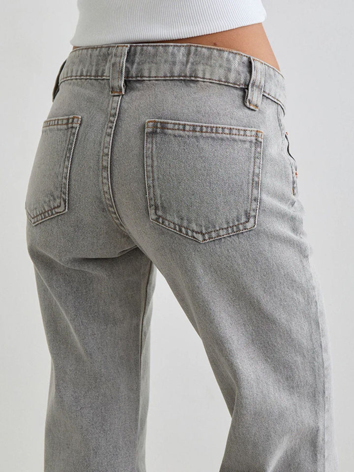 Grey Low - Rise Buttoned Flare Leg Jeans - Trendy Bottoms/Jeans in Light Gray for Women | The802Gypsy