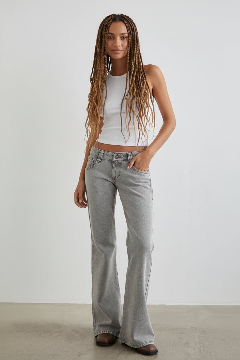 Grey Low - Rise Buttoned Flare Leg Jeans - Trendy Bottoms/Jeans in Light Gray for Women | The802Gypsy