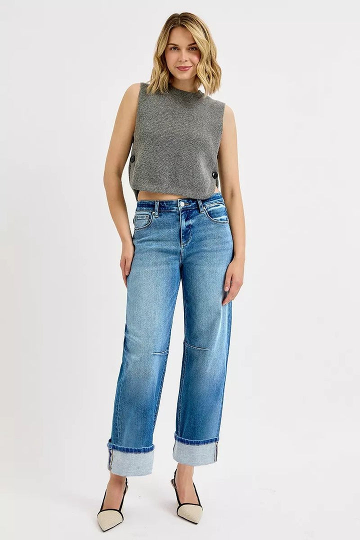 RISEN Slouchy Crop Barrel Jeans - Trendy Bottoms/Jeans in Medium Denim for Women | The802Gypsy