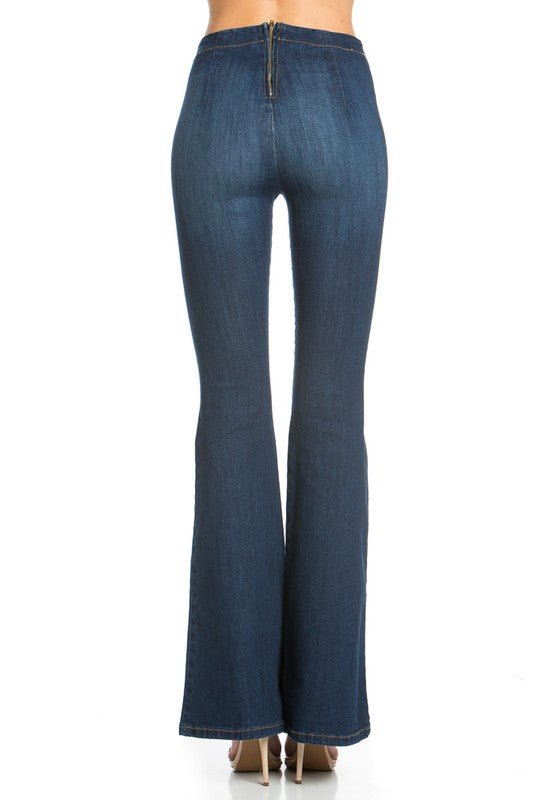 O2 Denim Zipper Back High - Waist Flare Jeans - Trendy Bottoms/Jeans in Medium Wash for Women | The802Gypsy