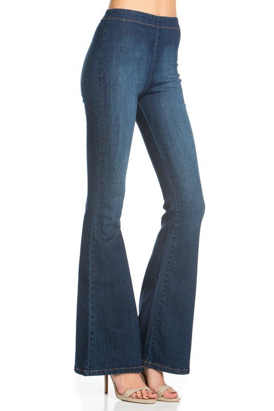 O2 Denim Zipper Back High - Waist Flare Jeans - Trendy Bottoms/Jeans in Medium Wash for Women | The802Gypsy