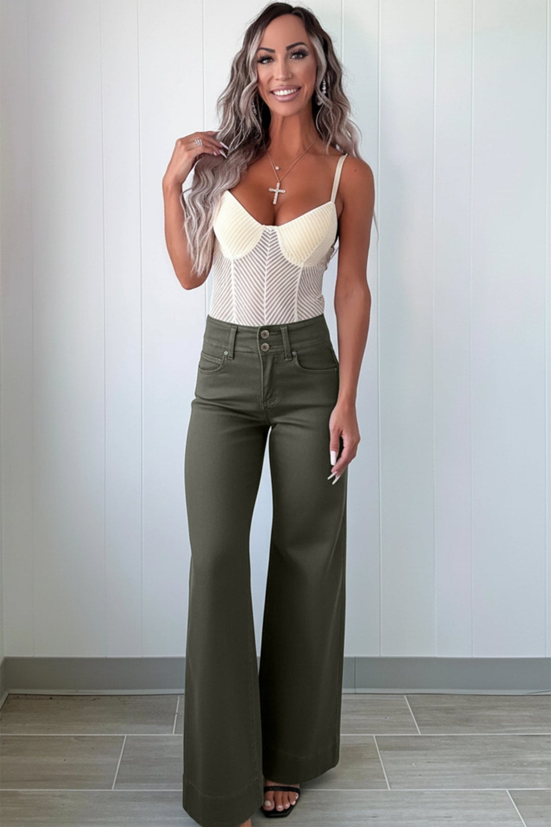 2 - Button High Waist Flared Bottom Jeans - Trendy Bottoms/Jeans in Mist Green for Women | The802Gypsy