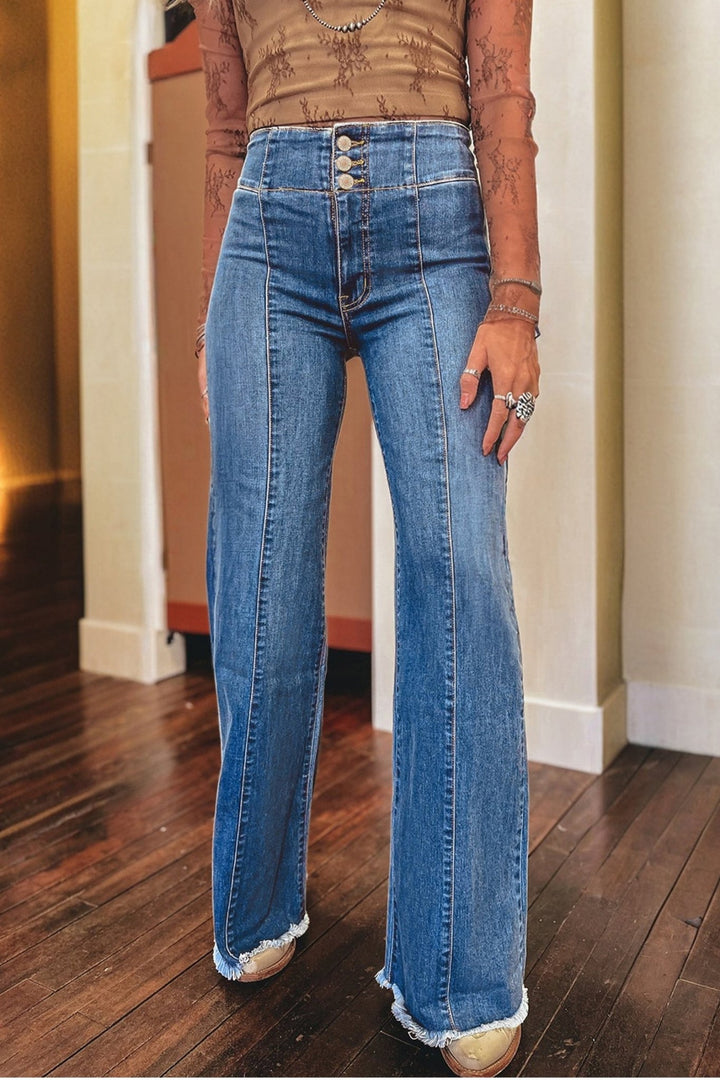 High Waist Button Fly Seamed Raw Hem Flare Jeans - Trendy Bottoms/Jeans in Sail Blue for Women | The802Gypsy