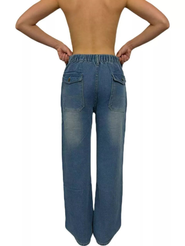 Flare Wide - Leg Front & Back Pocket Contrast Stitching Jeans - Trendy Bottoms/Jeans in Sky Blue for Women | The802Gypsy