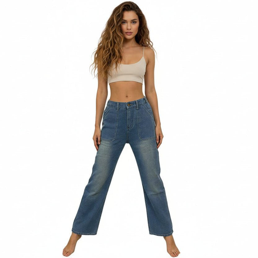 Flare Wide - Leg Front & Back Pocket Contrast Stitching Jeans - Trendy Bottoms/Jeans in Sky Blue for Women | The802Gypsy