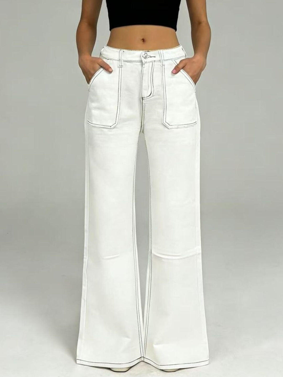 Flare Wide - Leg Front & Back Pocket Contrast Stitching Jeans - Trendy Bottoms/Jeans in White for Women | The802Gypsy