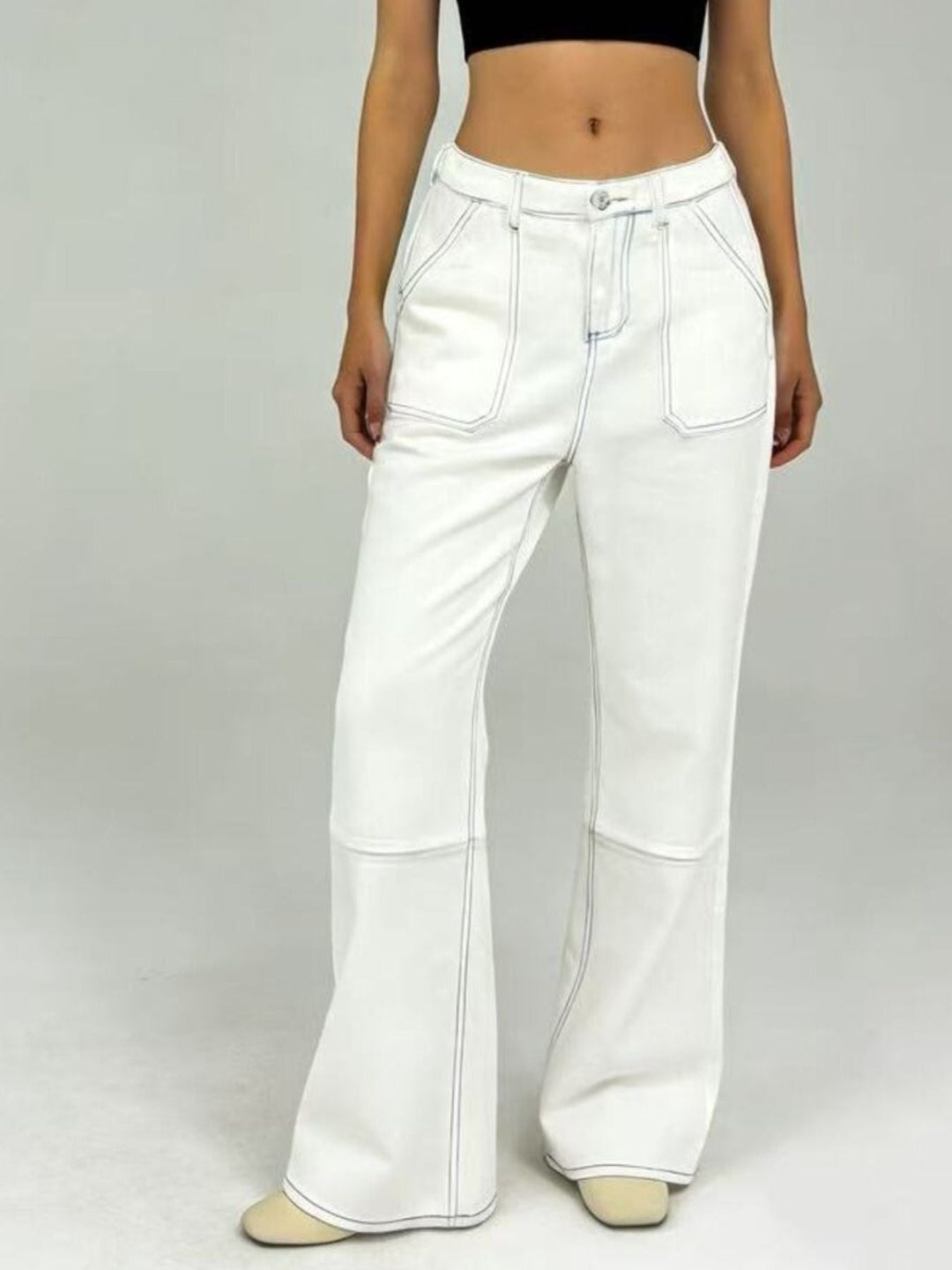 Flare Wide - Leg Front & Back Pocket Contrast Stitching Jeans - Trendy Bottoms/Jeans in White for Women | The802Gypsy