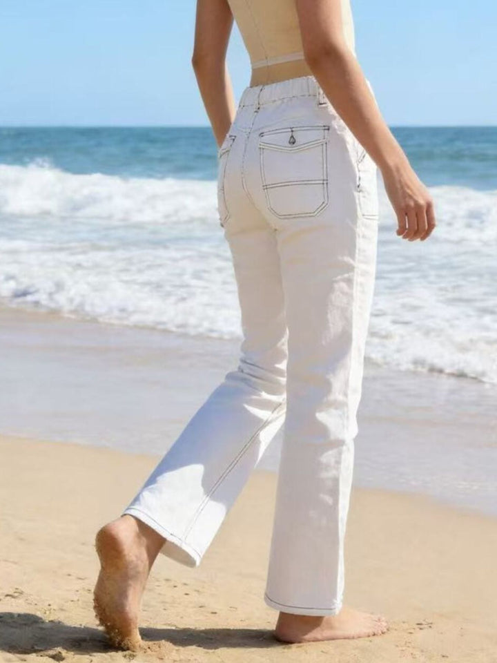 Flare Wide - Leg Front & Back Pocket Contrast Stitching Jeans - Trendy Bottoms/Jeans in White for Women | The802Gypsy