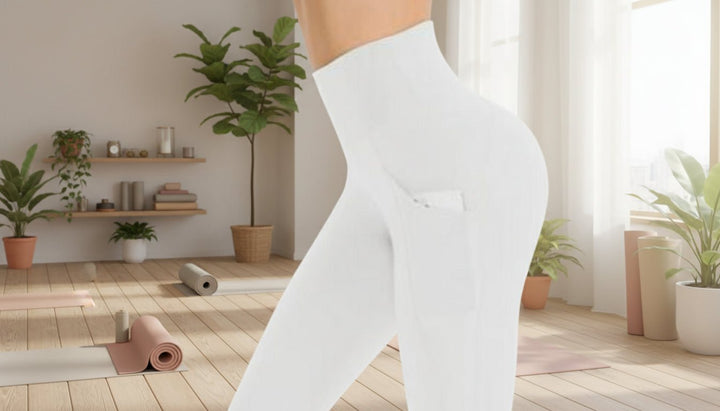White Wide Waistband Activewear Leggings With Pockets - Trendy Bottoms/Leggings in White for Women | The802Gypsy