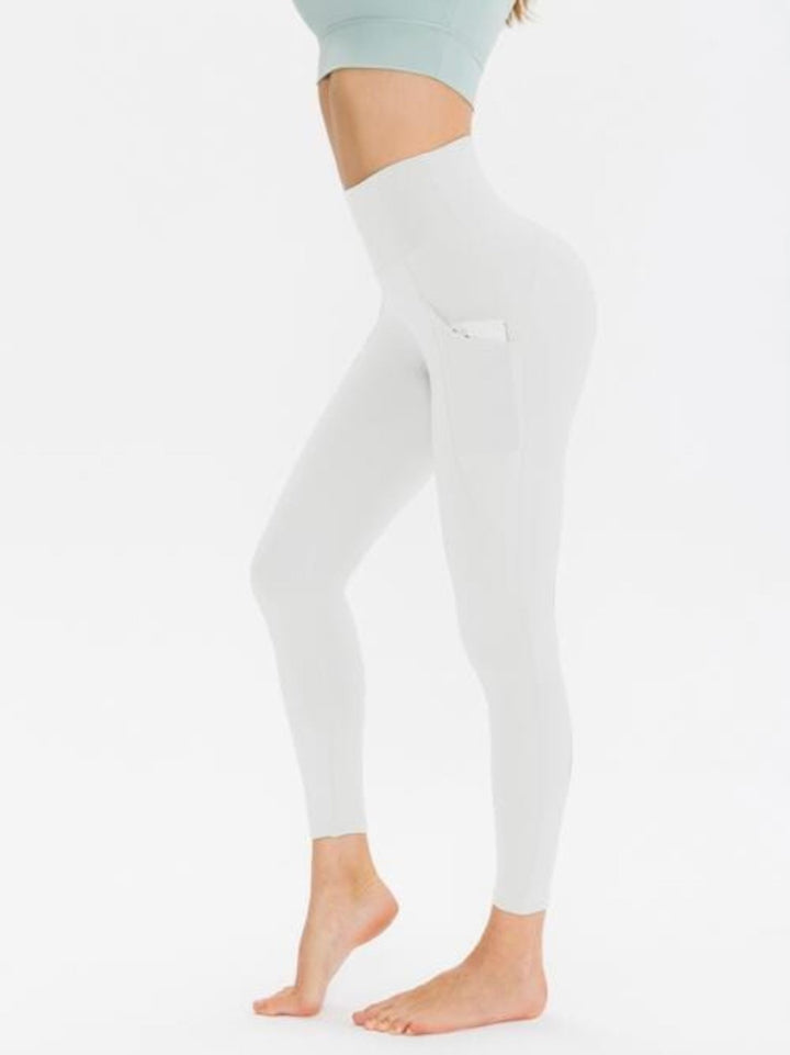 White Wide Waistband Activewear Leggings With Pockets - Trendy Bottoms/Leggings in White for Women | The802Gypsy