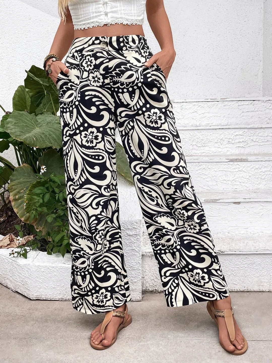 Black & White Printed Wide Leg Pants - Trendy Bottoms/Pants in Black for Women | The802Gypsy
