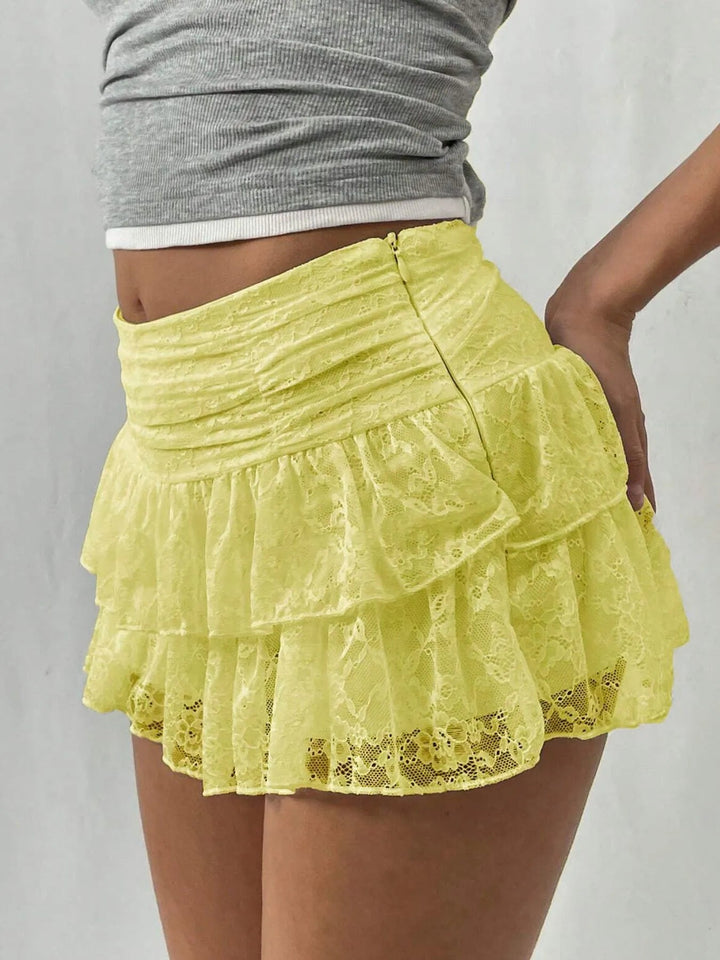 Lace Layered Mini Skirt - Trendy Bottoms/Skirts in Canary Yellow for Women | The802Gypsy