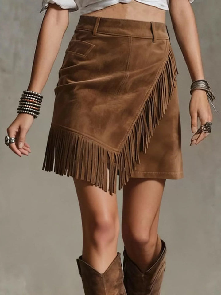 Fringe Suede Mini Skirt - Trendy Bottoms/Skirts in Dark Brown for Women | The802Gypsy