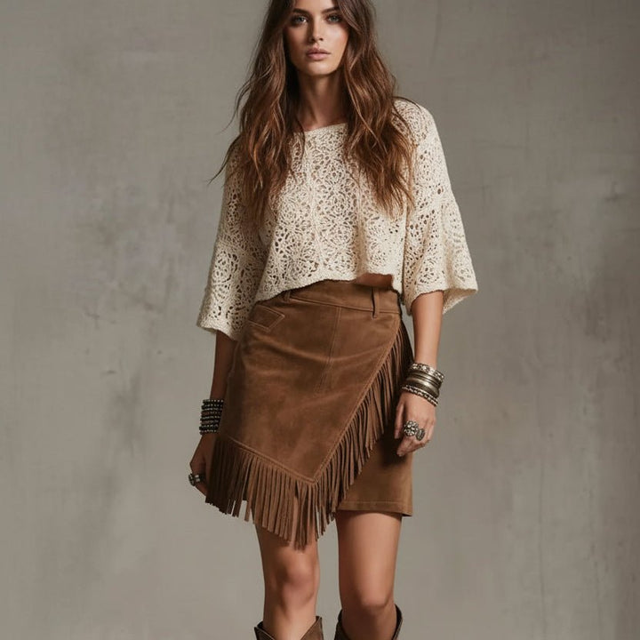 Fringe Suede Mini Skirt - Trendy Bottoms/Skirts in Dark Brown for Women | The802Gypsy