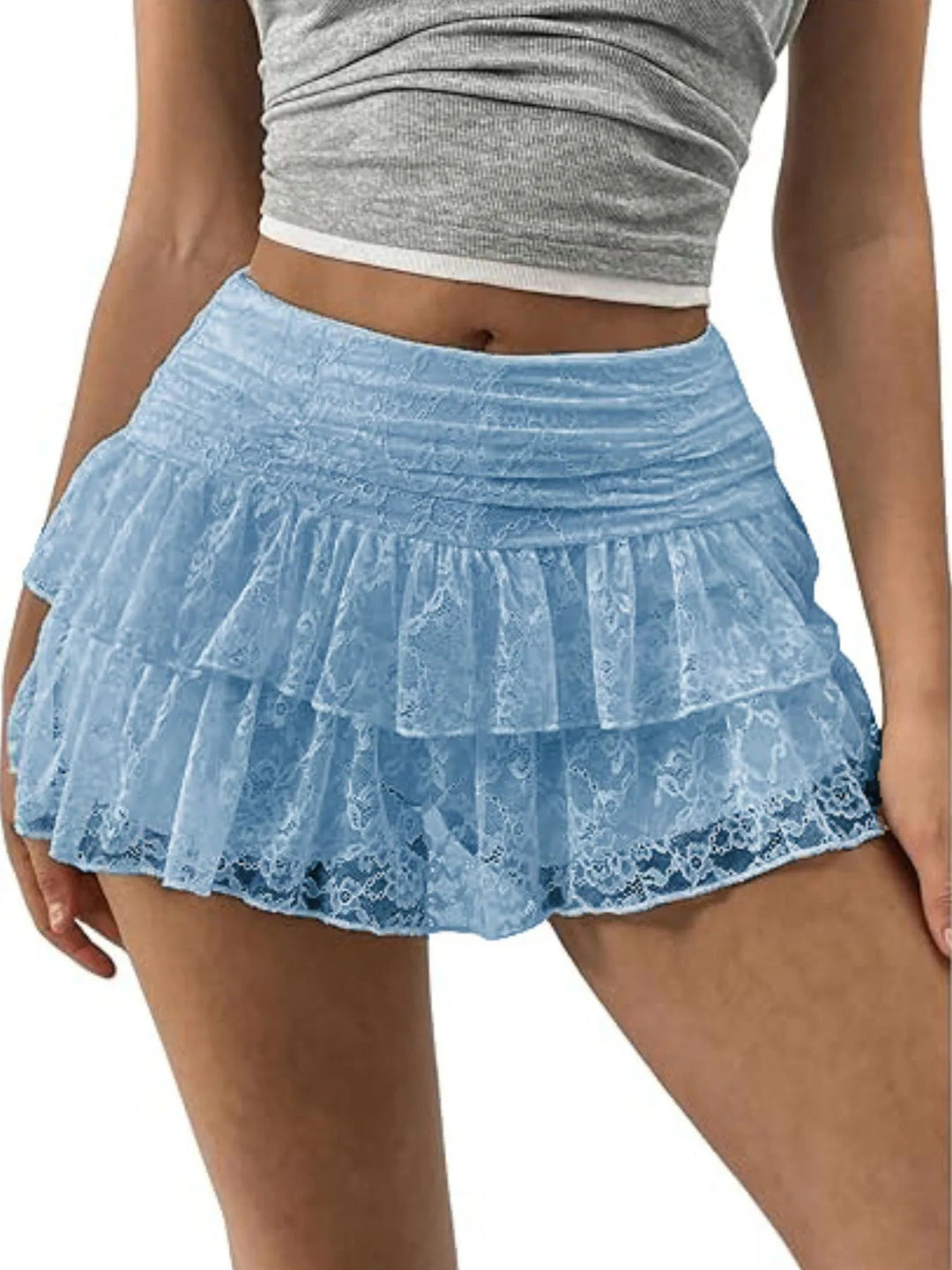 Lace Layered Mini Skirt - Trendy Bottoms/Skirts in Light Blue for Women | The802Gypsy