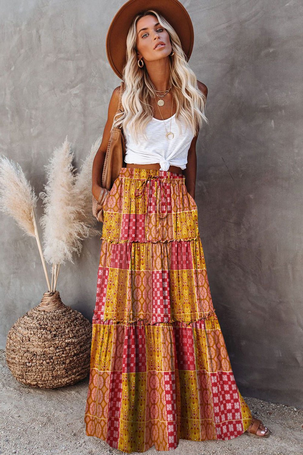 Paisley Print Pocketed Tiered Maxi Skirt - Trendy Bottoms/Skirts in Orange for Women | The802Gypsy