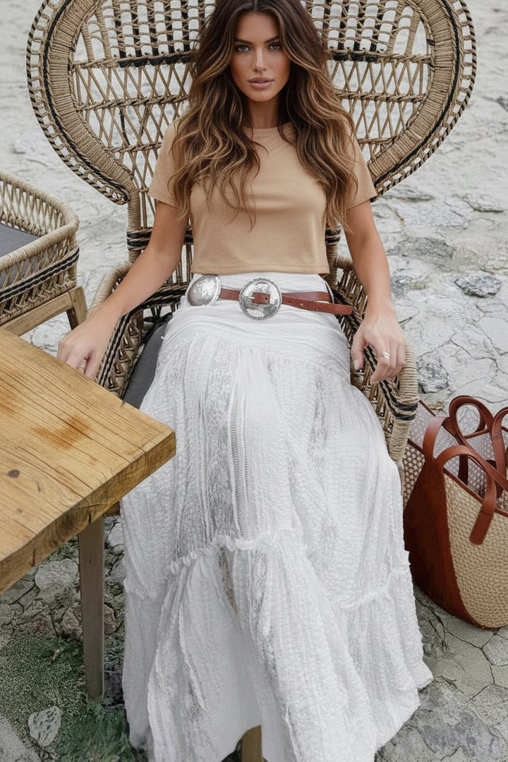 White Lace Tiered Maxi Skirt - Trendy Bottoms/Skirts in White for Women | The802Gypsy