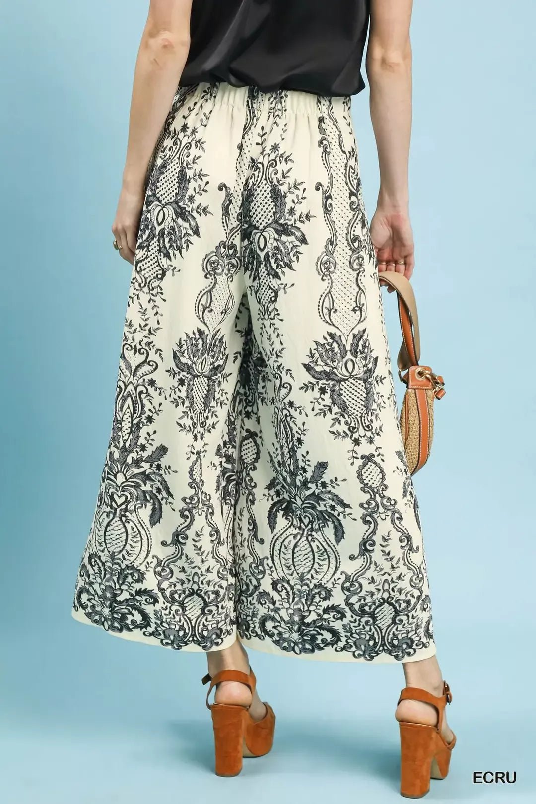 Umgee Border Print Wide - Leg Pants - Trendy Bottoms/Trousers in Cream/Black for Women | The802Gypsy