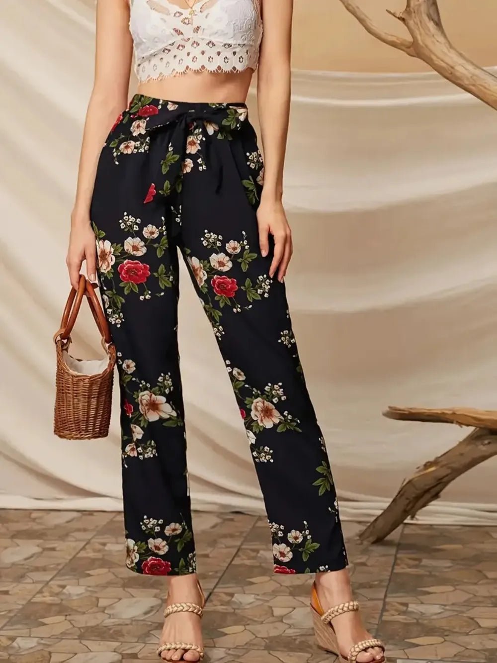 Tied Black & Floral Straight Pants - Trendy Bottoms/Trousers in Floral for Women | The802Gypsy