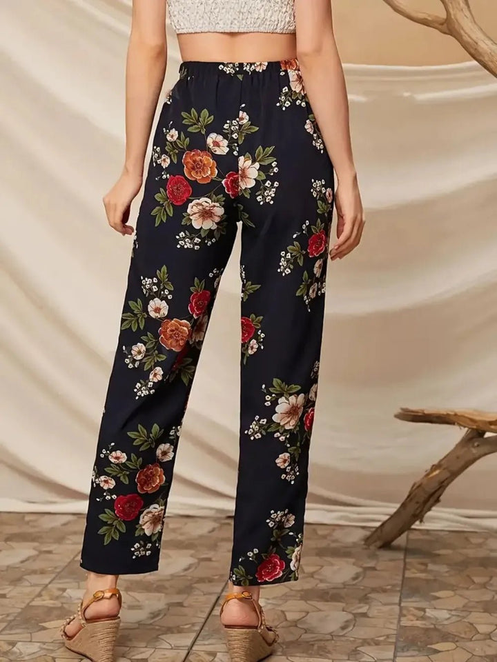Tied Black & Floral Straight Pants - Trendy Bottoms/Trousers in Floral for Women | The802Gypsy