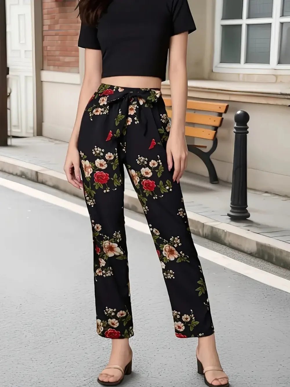 Tied Black & Floral Straight Pants - Trendy Bottoms/Trousers in Floral for Women | The802Gypsy