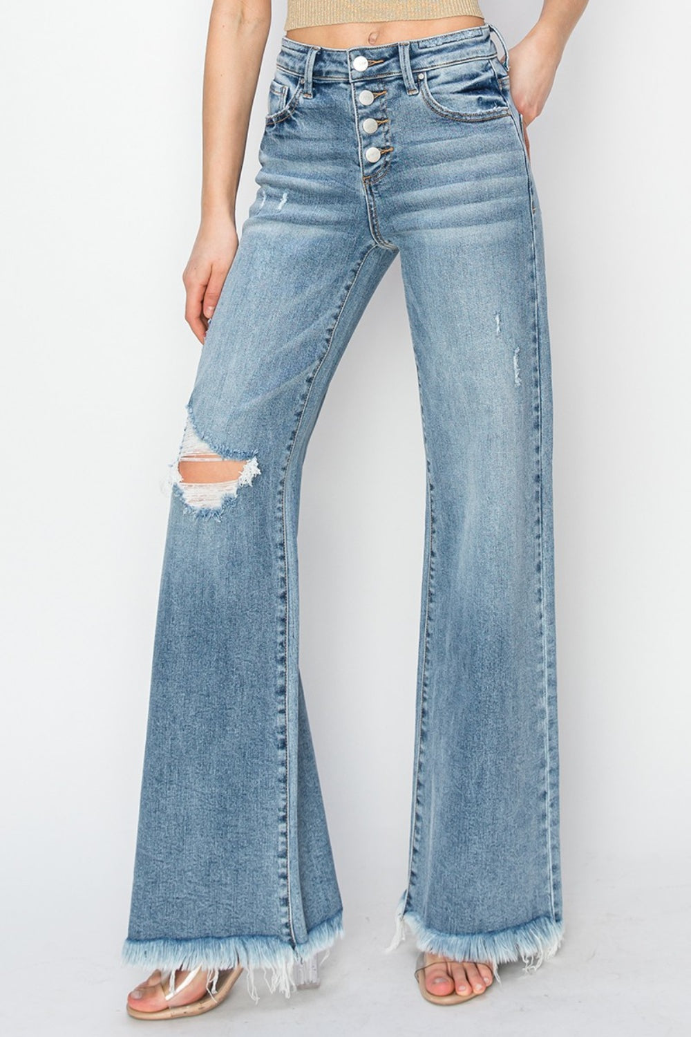 ❤GYPSY-RISEN-Mid Rise Button Fly Wide Leg Jeans