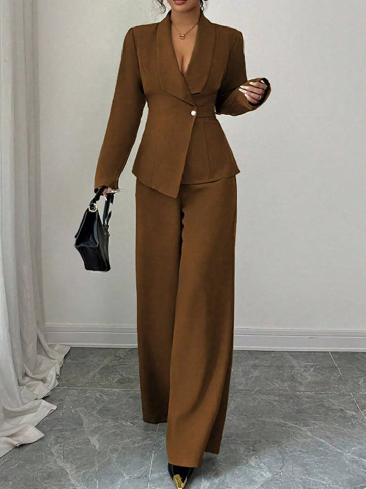 One Button Blazer And Pants Set - Trendy Clothing/Outfit Sets in Brown Color for Women | The802Gypsy