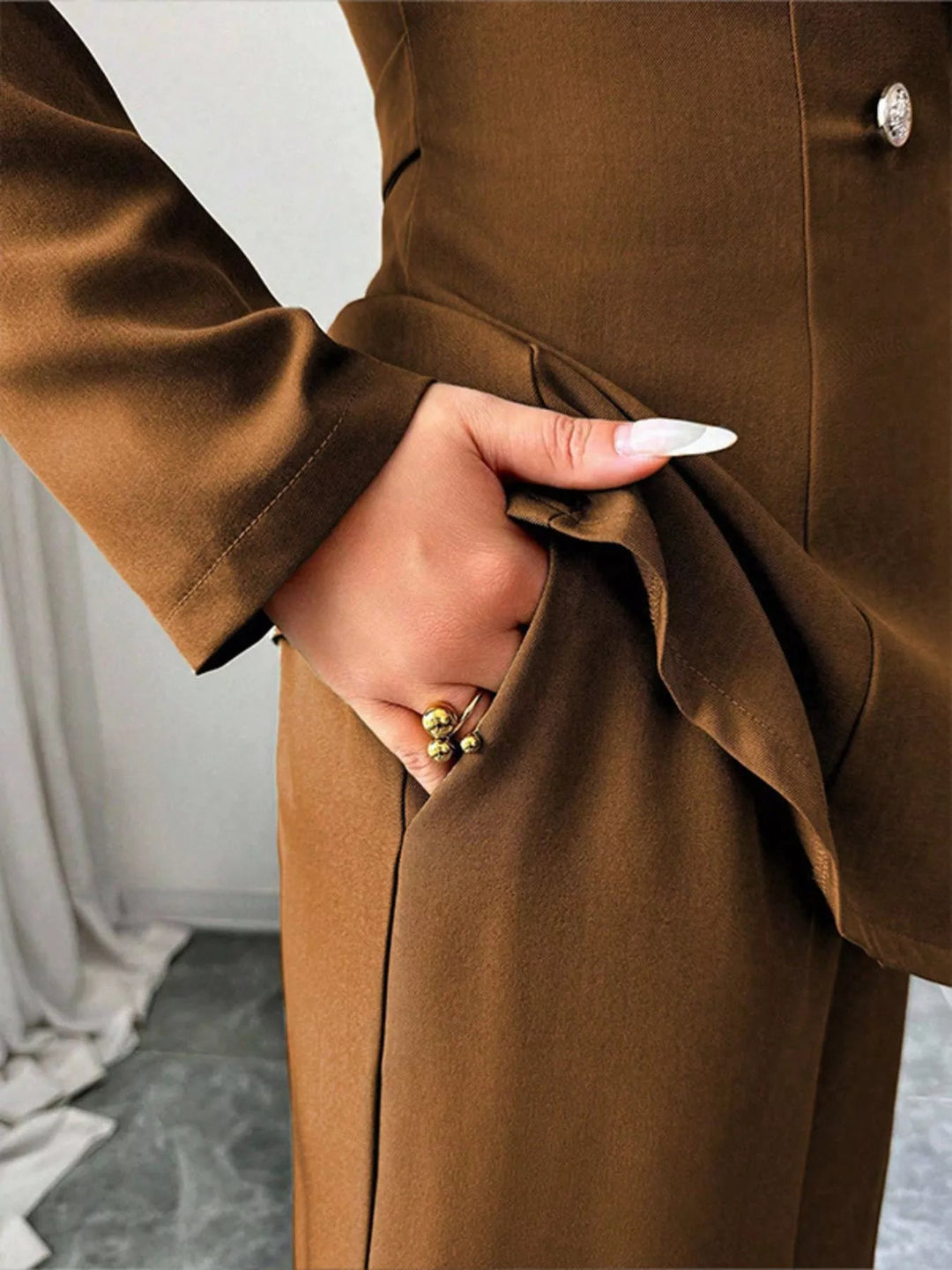 One Button Blazer And Pants Set - Trendy Clothing/Outfit Sets in Brown Color for Women | The802Gypsy