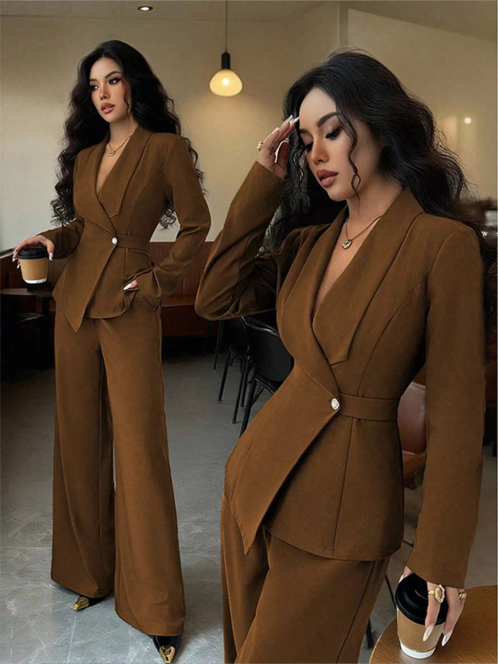 One Button Blazer And Pants Set - Trendy Clothing/Outfit Sets in Brown Color for Women | The802Gypsy