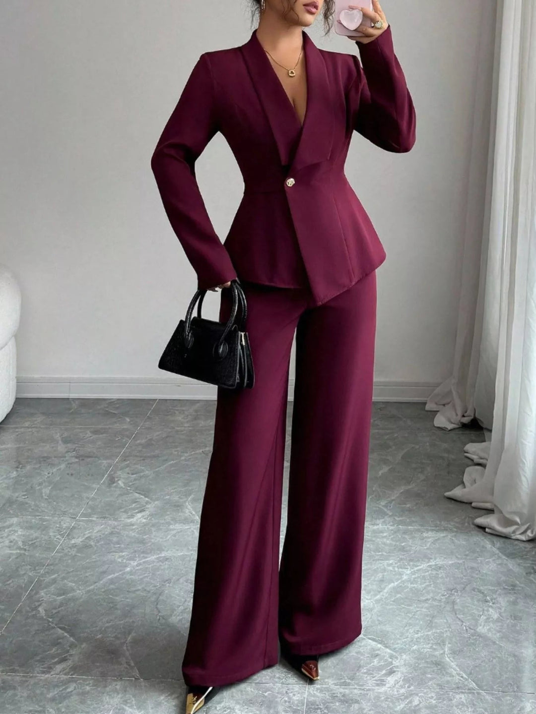 One Button Blazer And Pants Set - Trendy Clothing/Outfit Sets in Burgundy for Women | The802Gypsy