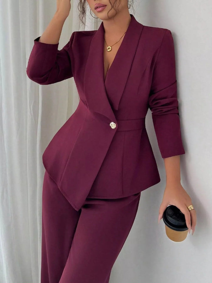 One Button Blazer And Pants Set - Trendy Clothing/Outfit Sets in Burgundy for Women | The802Gypsy