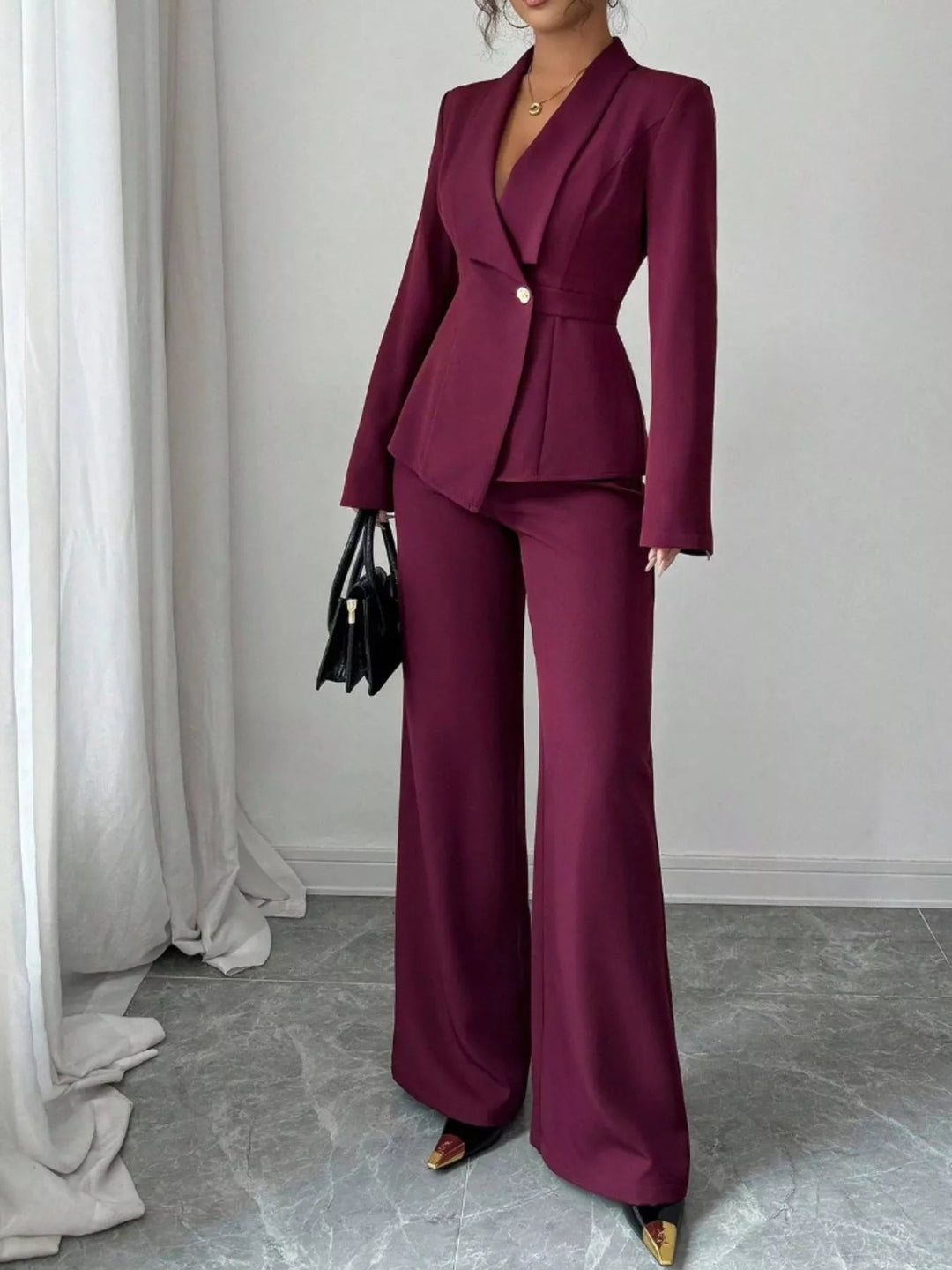 One Button Blazer And Pants Set - Trendy Clothing/Outfit Sets in Burgundy for Women | The802Gypsy