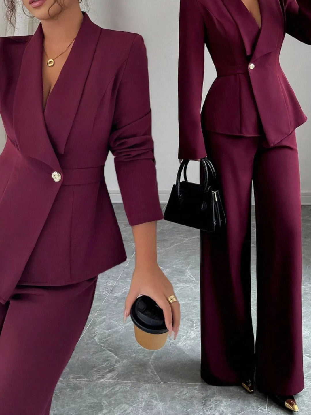 One Button Blazer And Pants Set - Trendy Clothing/Outfit Sets in Burgundy for Women | The802Gypsy