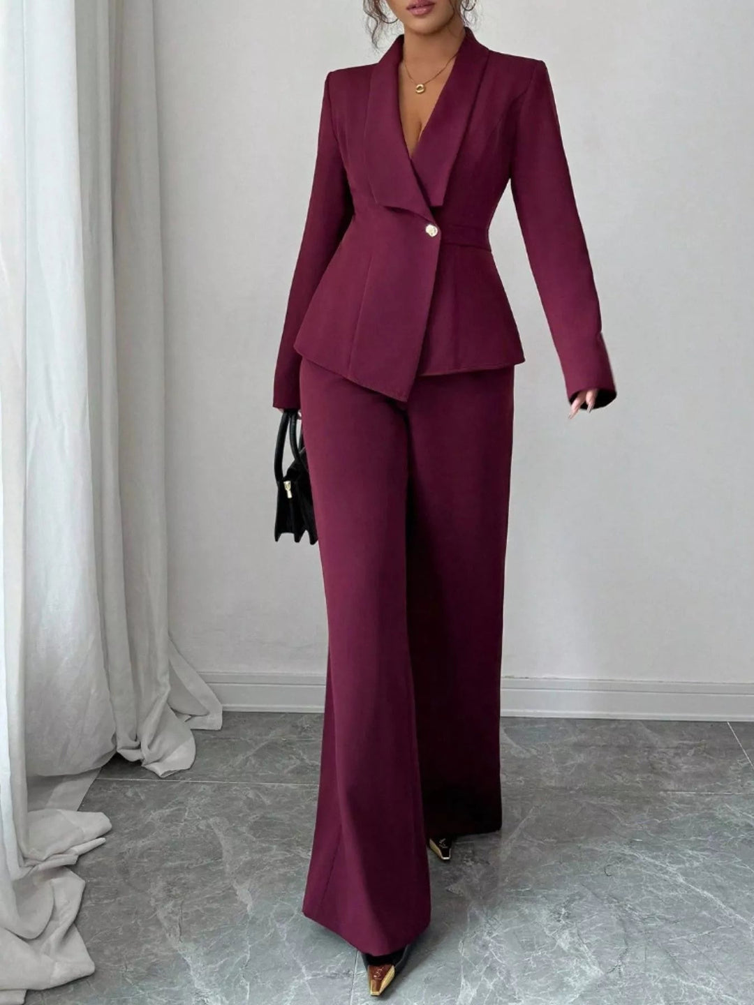 One Button Blazer And Pants Set - Trendy Clothing/Outfit Sets in Burgundy for Women | The802Gypsy