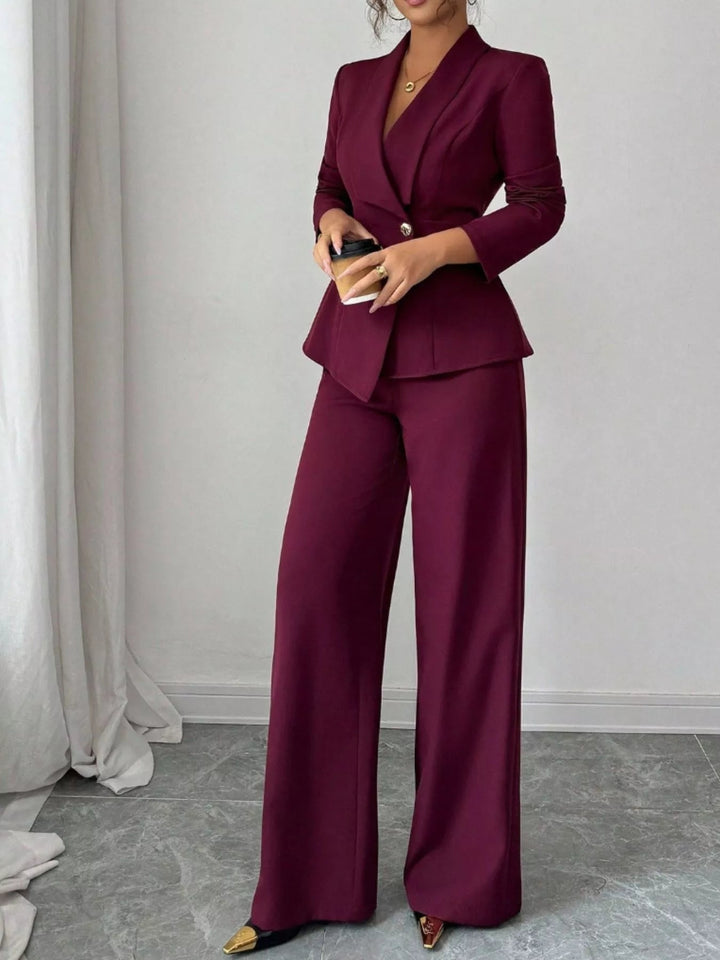 One Button Blazer And Pants Set - Trendy Clothing/Outfit Sets in Burgundy for Women | The802Gypsy