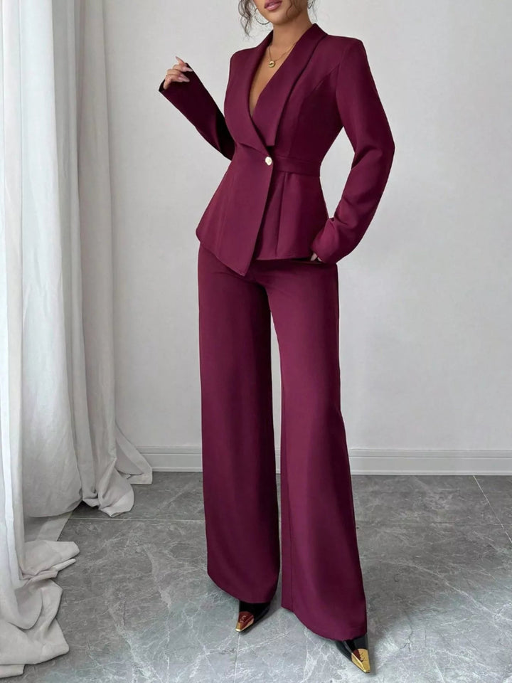 One Button Blazer And Pants Set - Trendy Clothing/Outfit Sets in Burgundy for Women | The802Gypsy