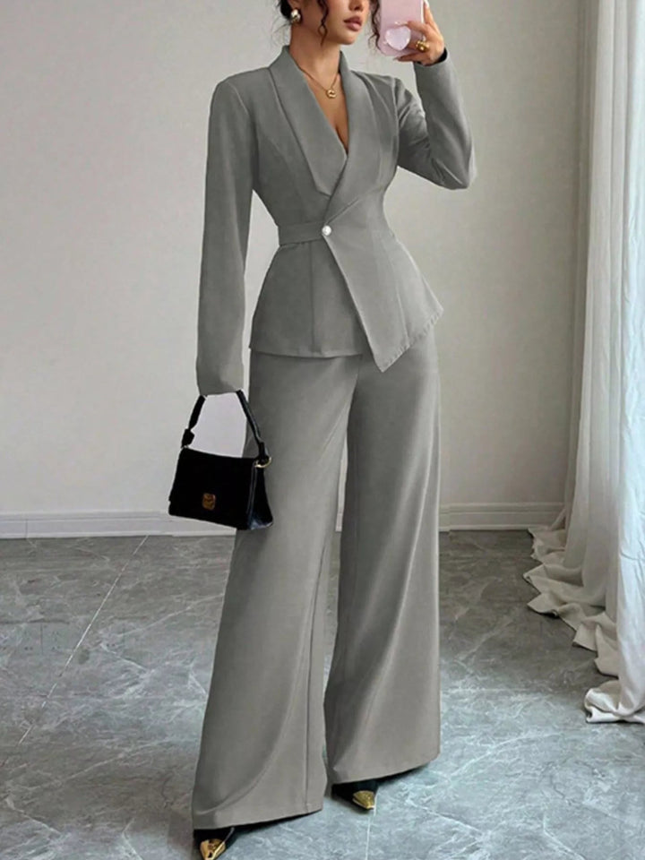 One Button Blazer And Pants Set - Trendy Clothing/Outfit Sets in Gray for Women | The802Gypsy