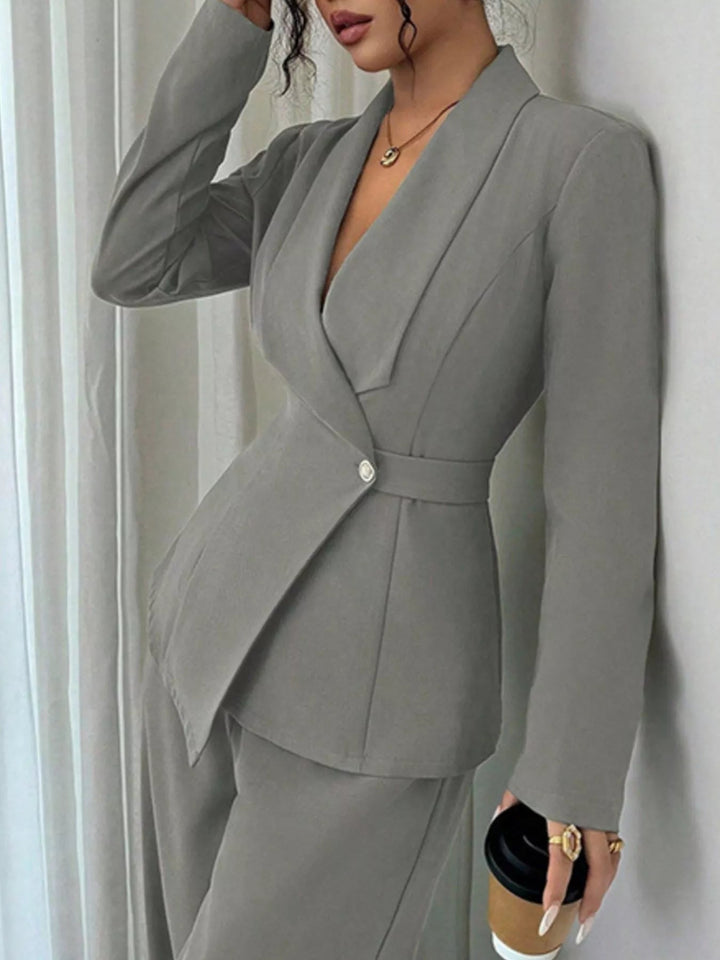 One Button Blazer And Pants Set - Trendy Clothing/Outfit Sets in Gray for Women | The802Gypsy