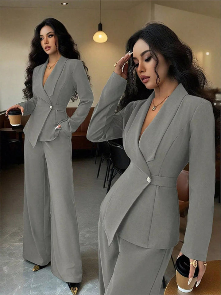 One Button Blazer And Pants Set - Trendy Clothing/Outfit Sets in Gray for Women | The802Gypsy