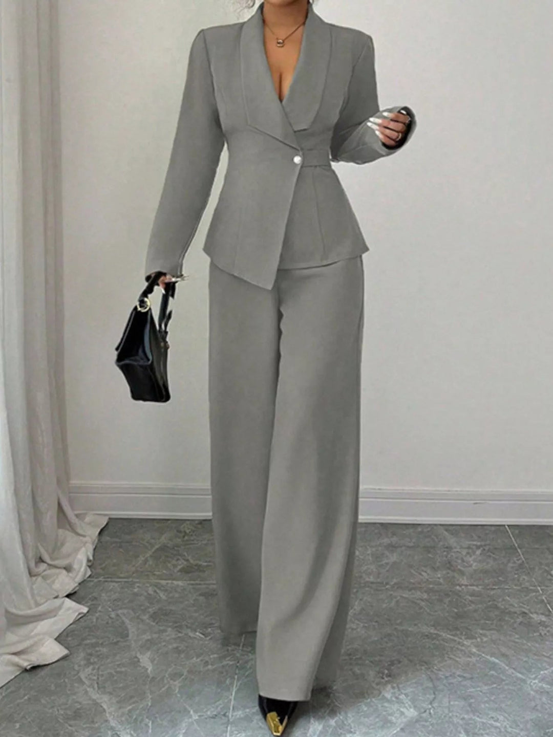 One Button Blazer And Pants Set - Trendy Clothing/Outfit Sets in Gray for Women | The802Gypsy