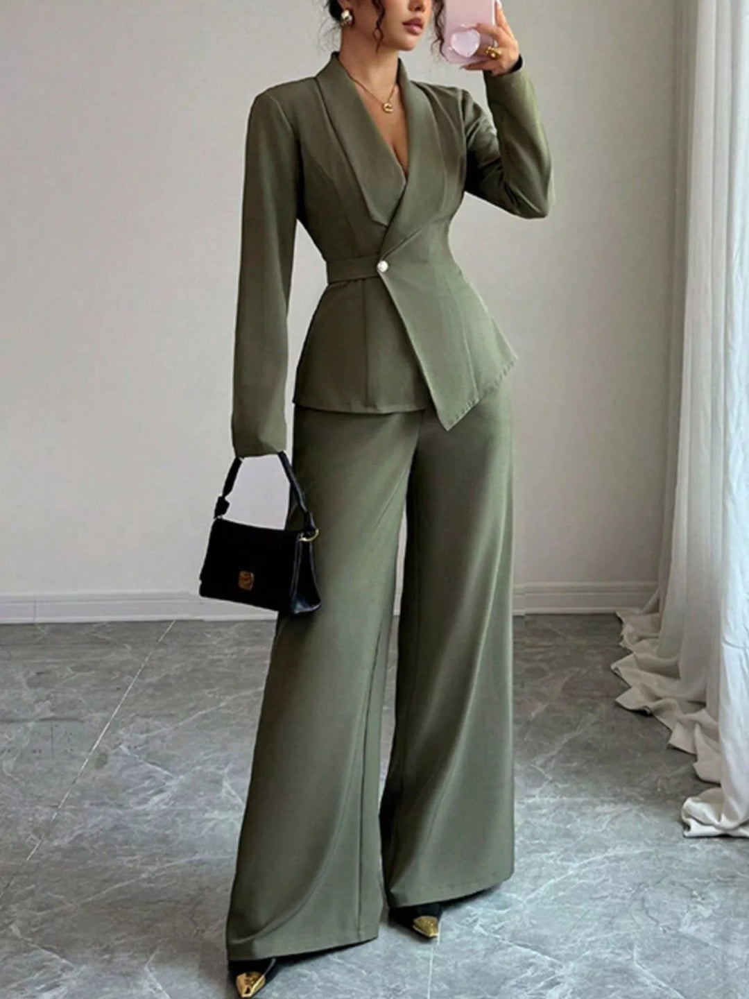 One Button Blazer And Pants Set - Trendy Clothing/Outfit Sets in Green for Women | The802Gypsy
