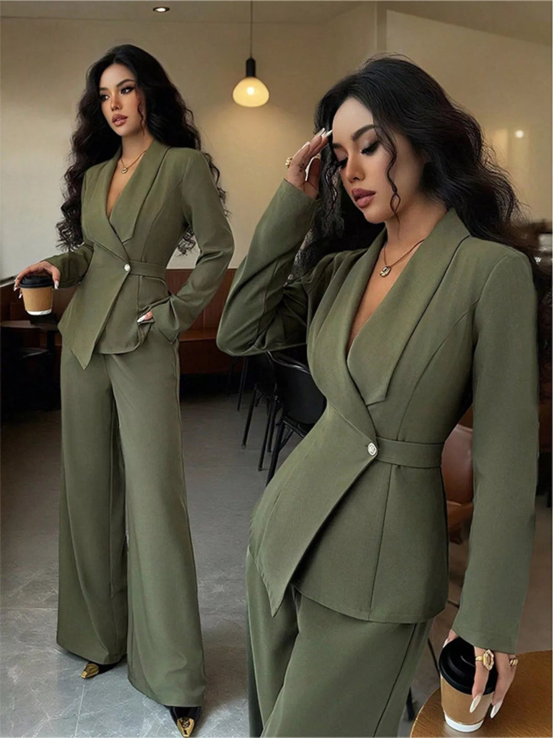 One Button Blazer And Pants Set - Trendy Clothing/Outfit Sets in Green for Women | The802Gypsy