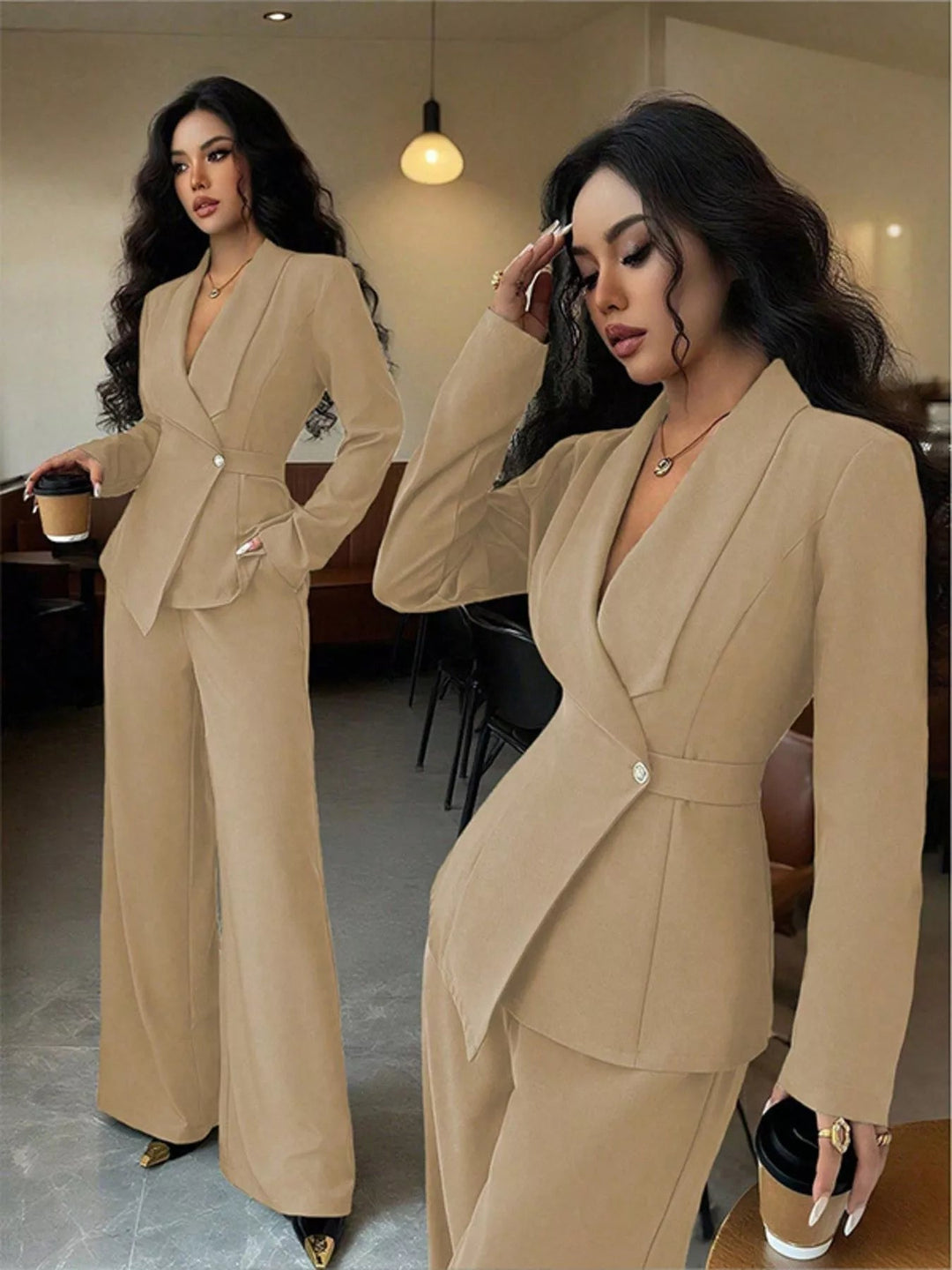 One Button Blazer And Pants Set - Trendy Clothing/Outfit Sets in Khaki for Women | The802Gypsy