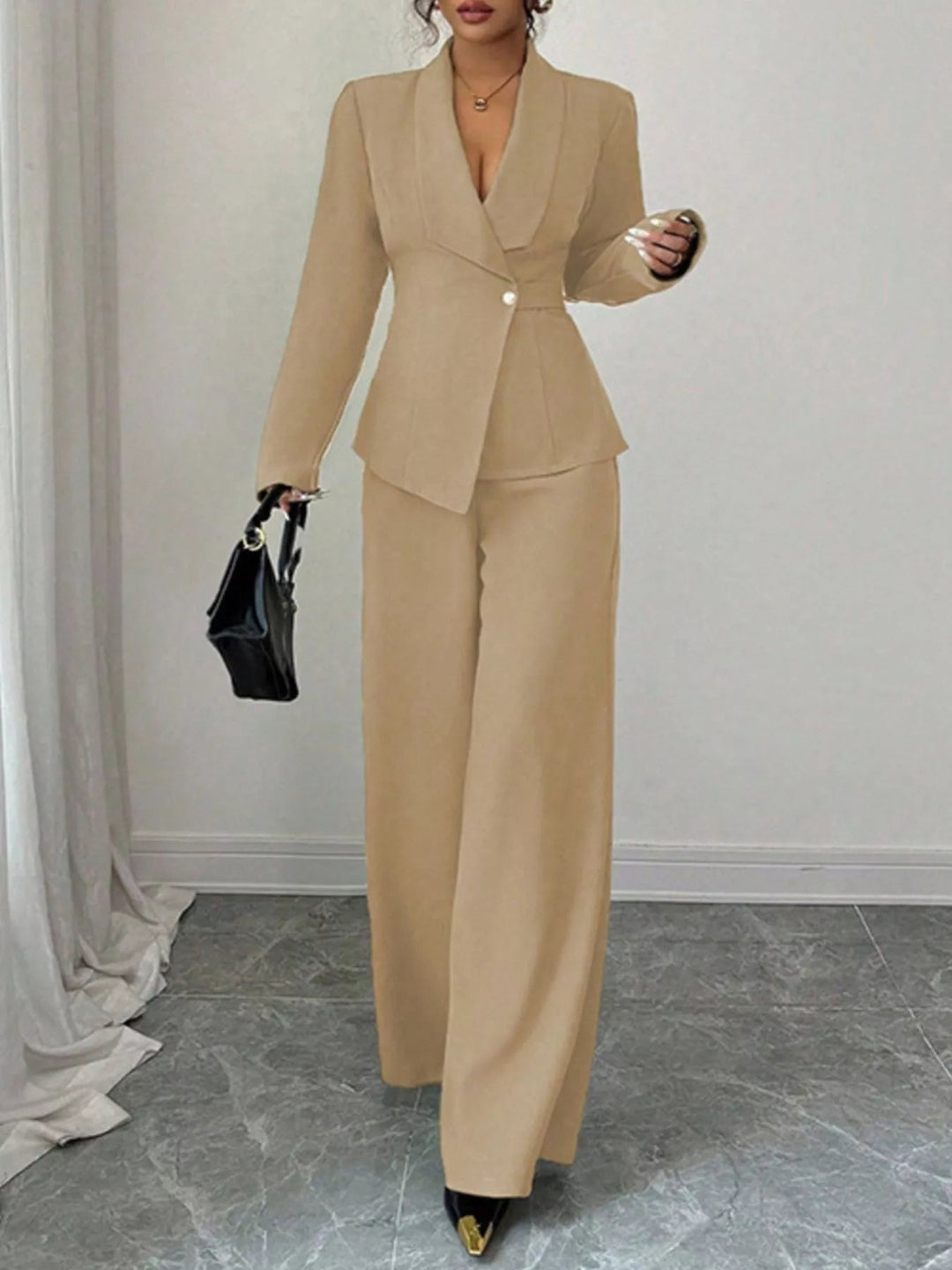 One Button Blazer And Pants Set - Trendy Clothing/Outfit Sets in Khaki for Women | The802Gypsy