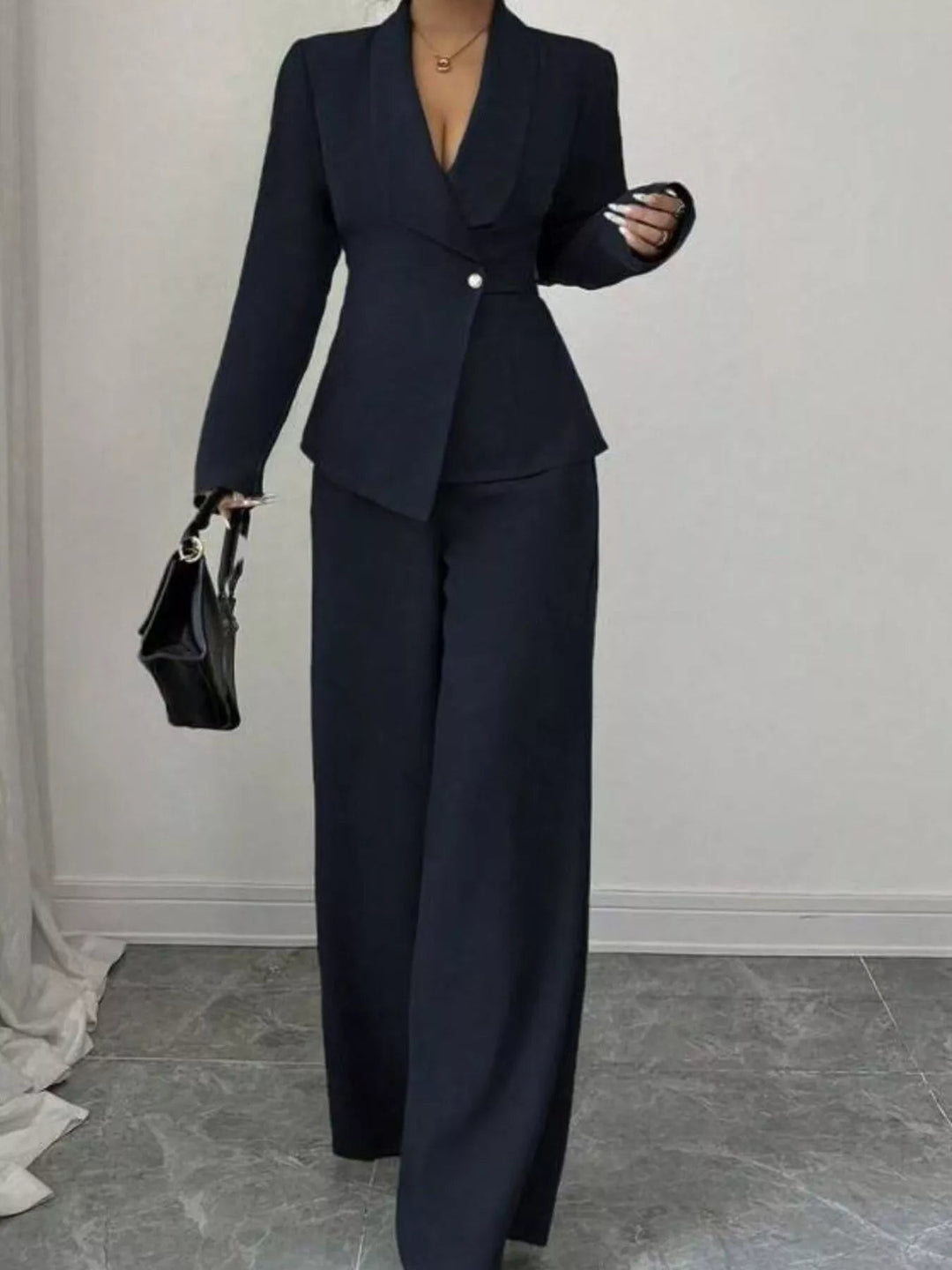 One Button Blazer And Pants Set - Trendy Clothing/Outfit Sets in Navy Blue for Women | The802Gypsy